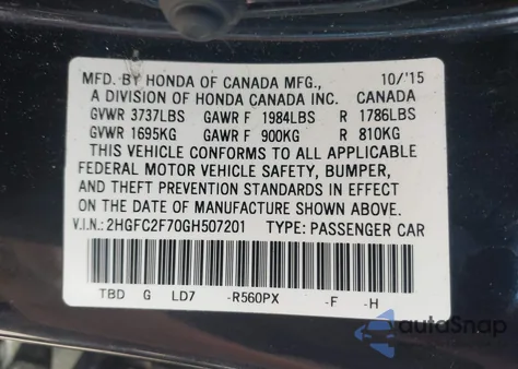 2016 Honda Civic Ex из США, поврежденный, VIN 2HGFC2F70GH507201